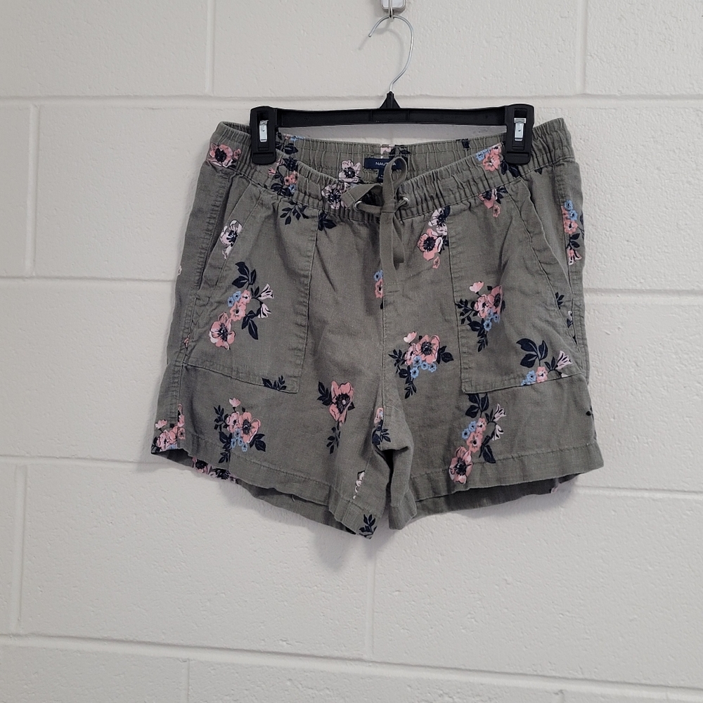 #37 💙 Nautica olive green floral pull on linen drawstring high waisted short